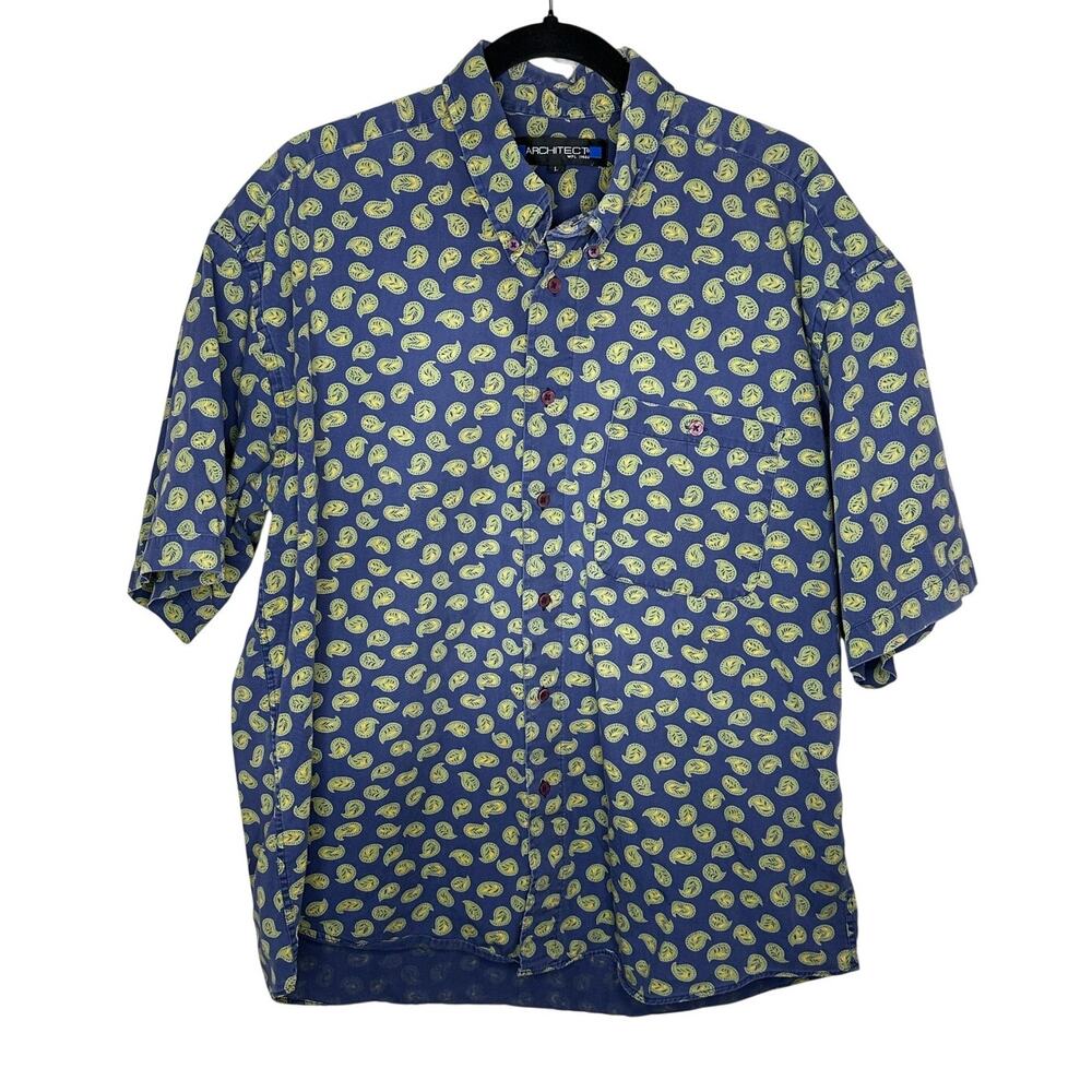 Architect Traditional Fit Paisley Shirt L Short Sleeve Blue Yellow Cotton L